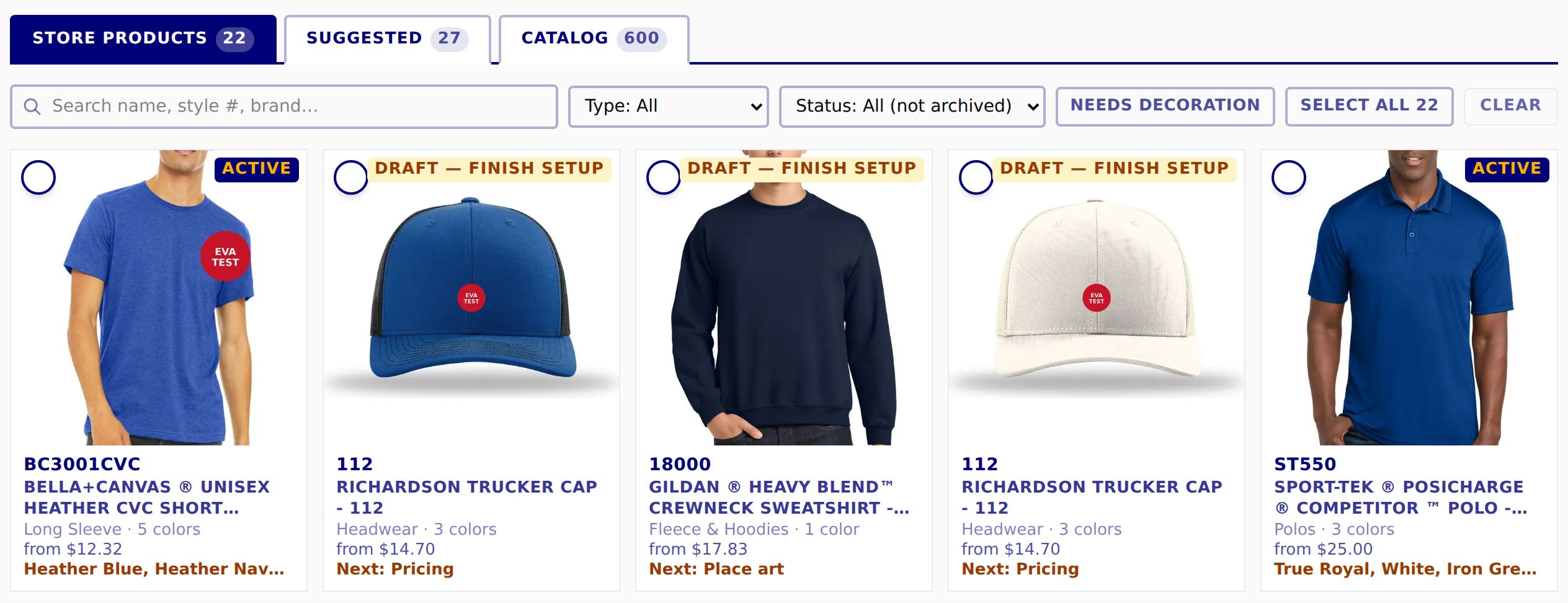 Products page with the Store products, Suggested and Catalog tabs, search and filters above the product cards