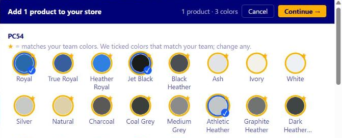 Add to store color picker: colors marked with a gold star match your team colors and are ticked for you; click Continue
