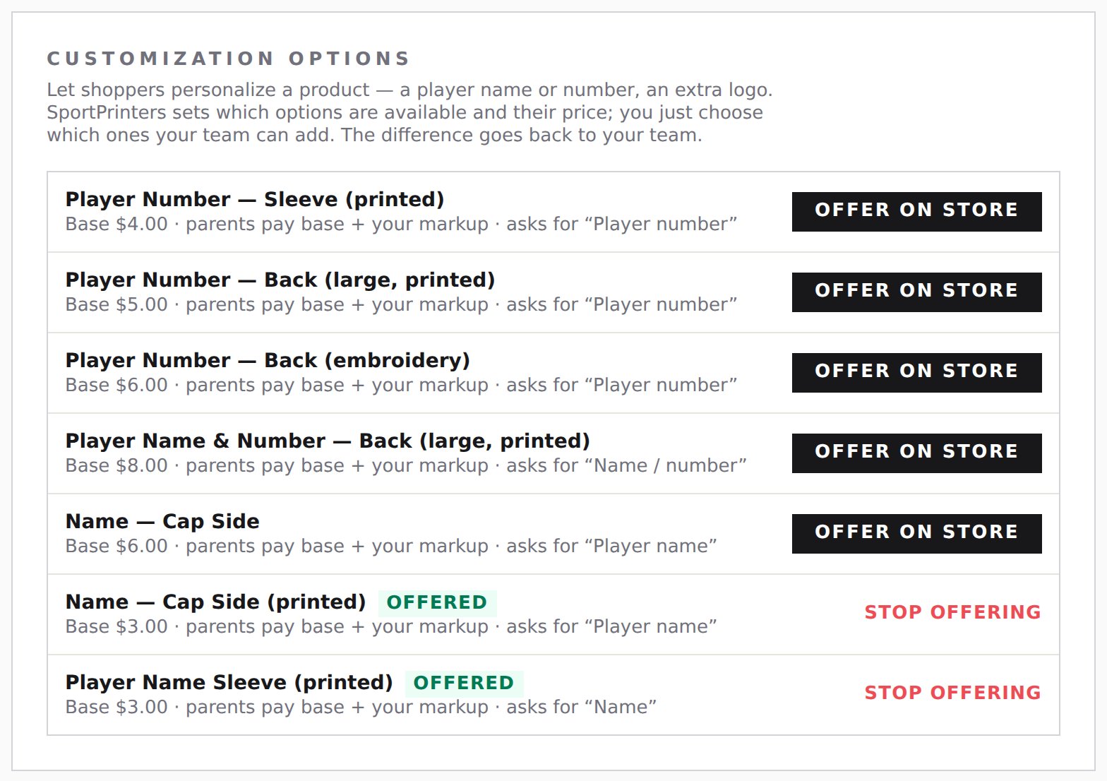Settings › Add-ons: the Customization Options list with Offer on store and Stop offering buttons