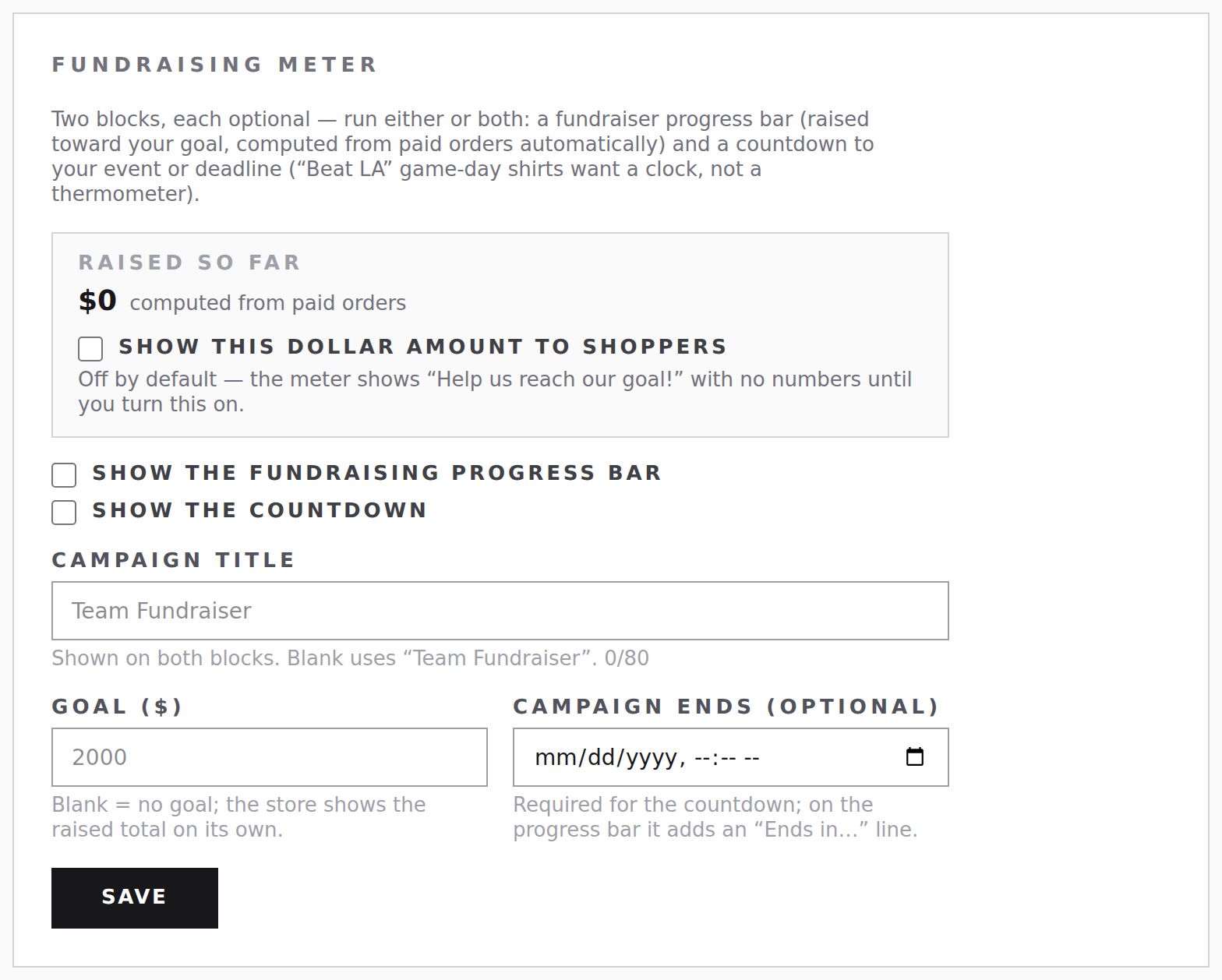 Settings › Fundraising meter: Raised so far, progress bar and countdown switches, Campaign title, Goal and Campaign ends