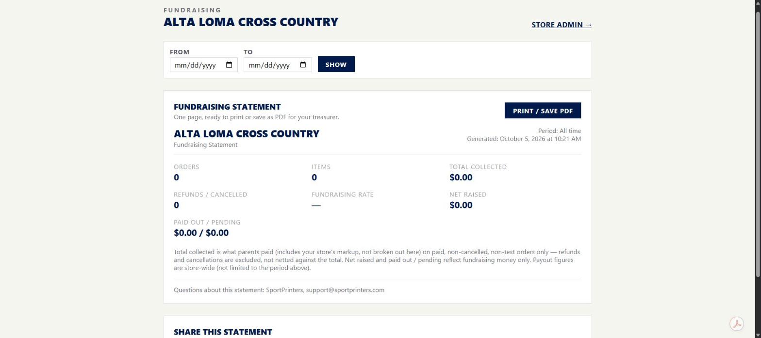 Fundraising page: From and To dates with Show, and the Fundraising Statement with Print / Save PDF