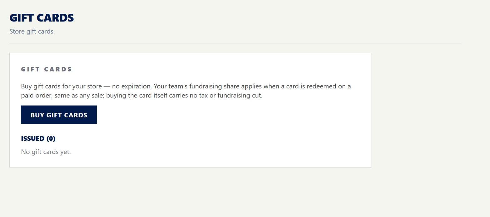 Settings › Gift cards: the Buy gift cards button and the list of cards you have issued