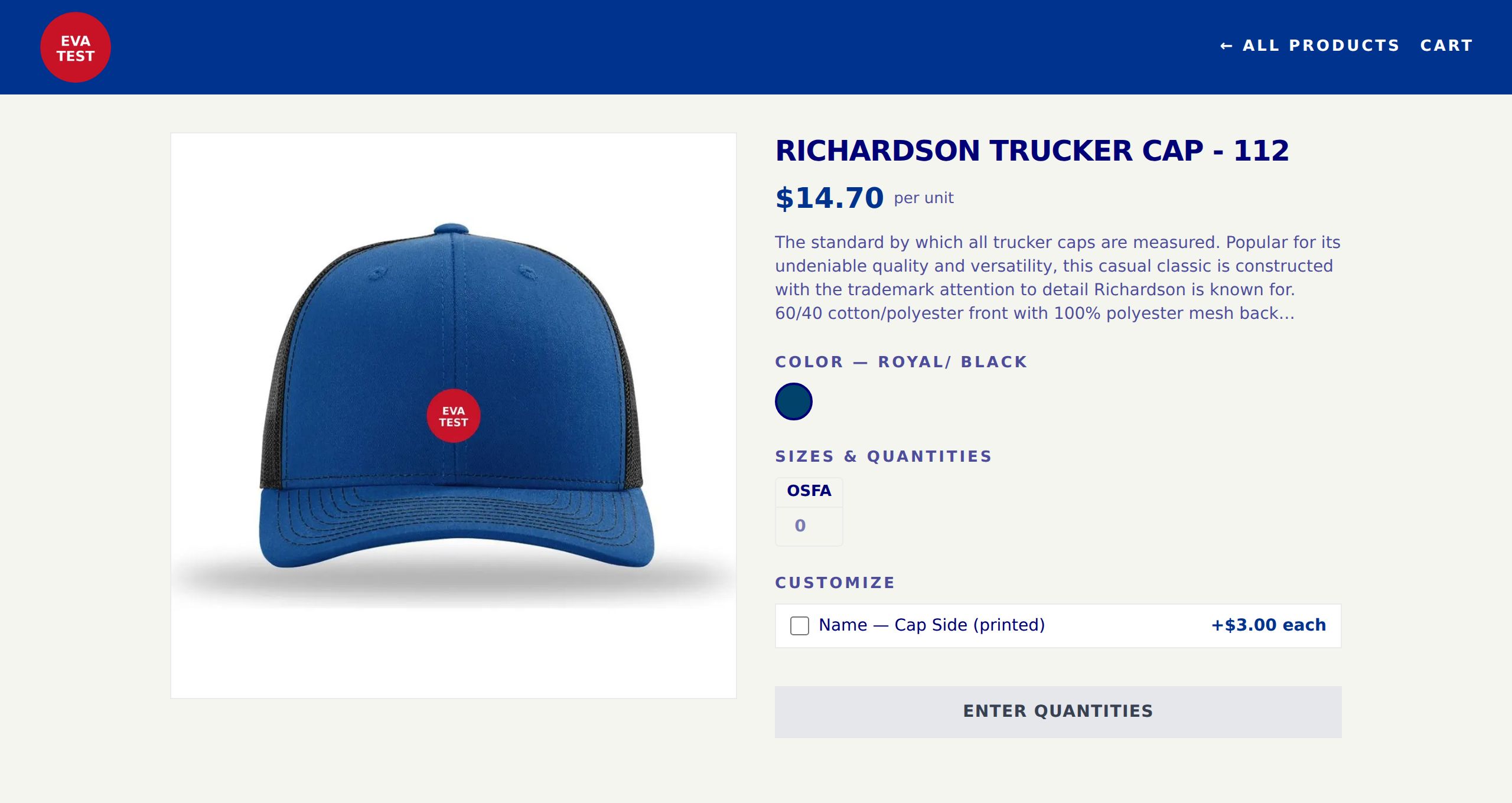 A team store product page with color, Sizes & quantities and Customize options
