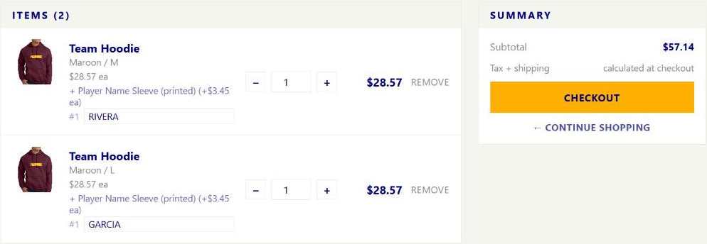 Your cart: each item with size, color, the name on each piece, quantity, price, Remove, and the Checkout button