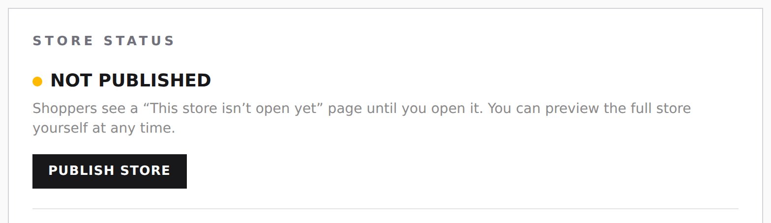 Settings › Status & publishing: the Store status card showing Not published and the Publish Store button