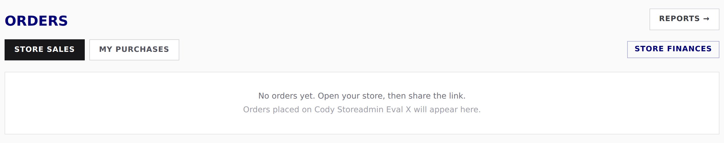Store Admin › Orders with the Store Sales and My Purchases tabs (shown here before any orders)