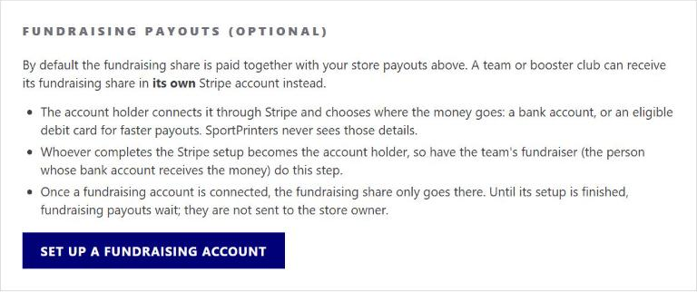 Fundraising payouts (optional) card with the Set up a fundraising account button