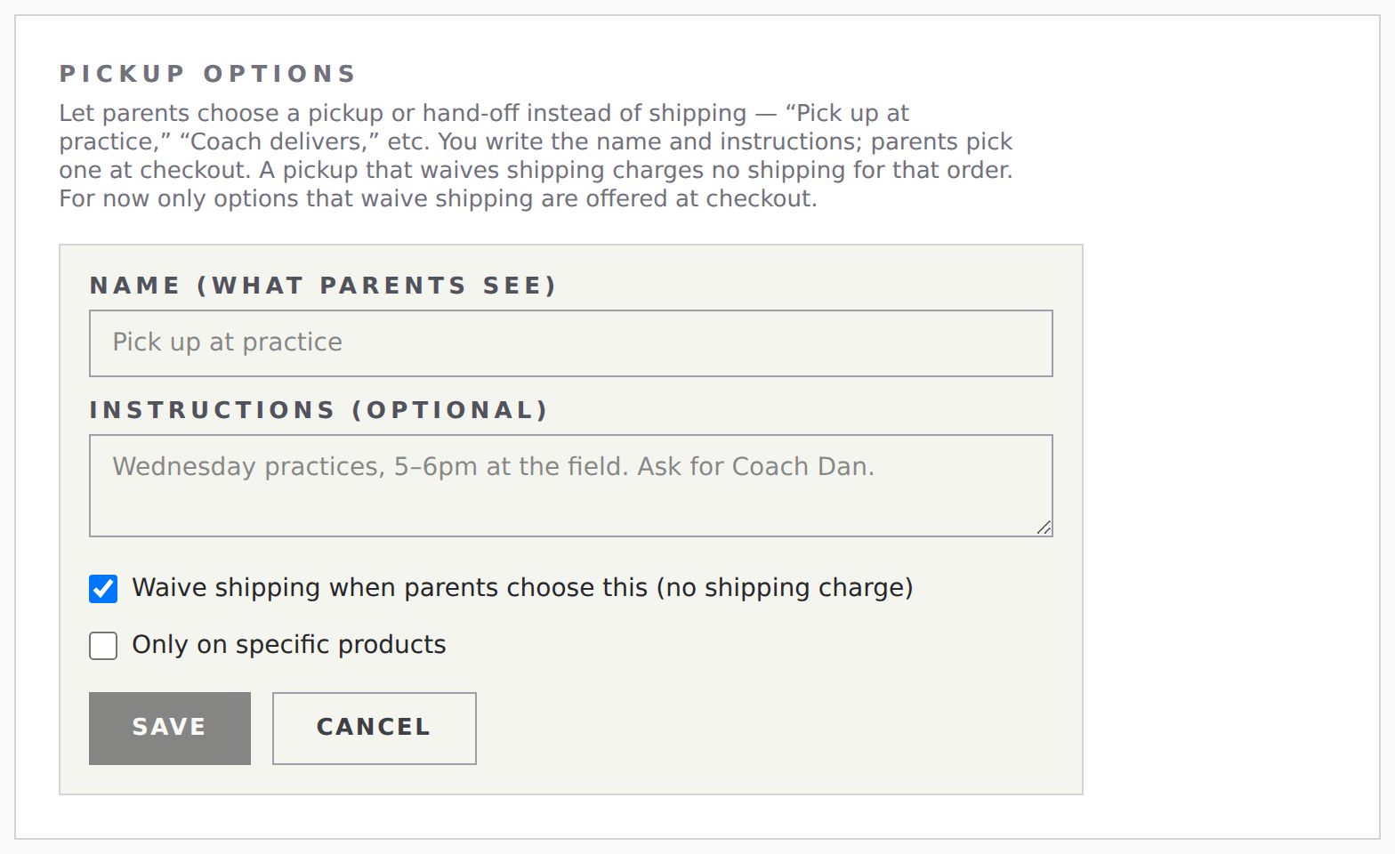 Settings › Pickup options: the add form with Name, Instructions, Waive shipping and Only on specific products