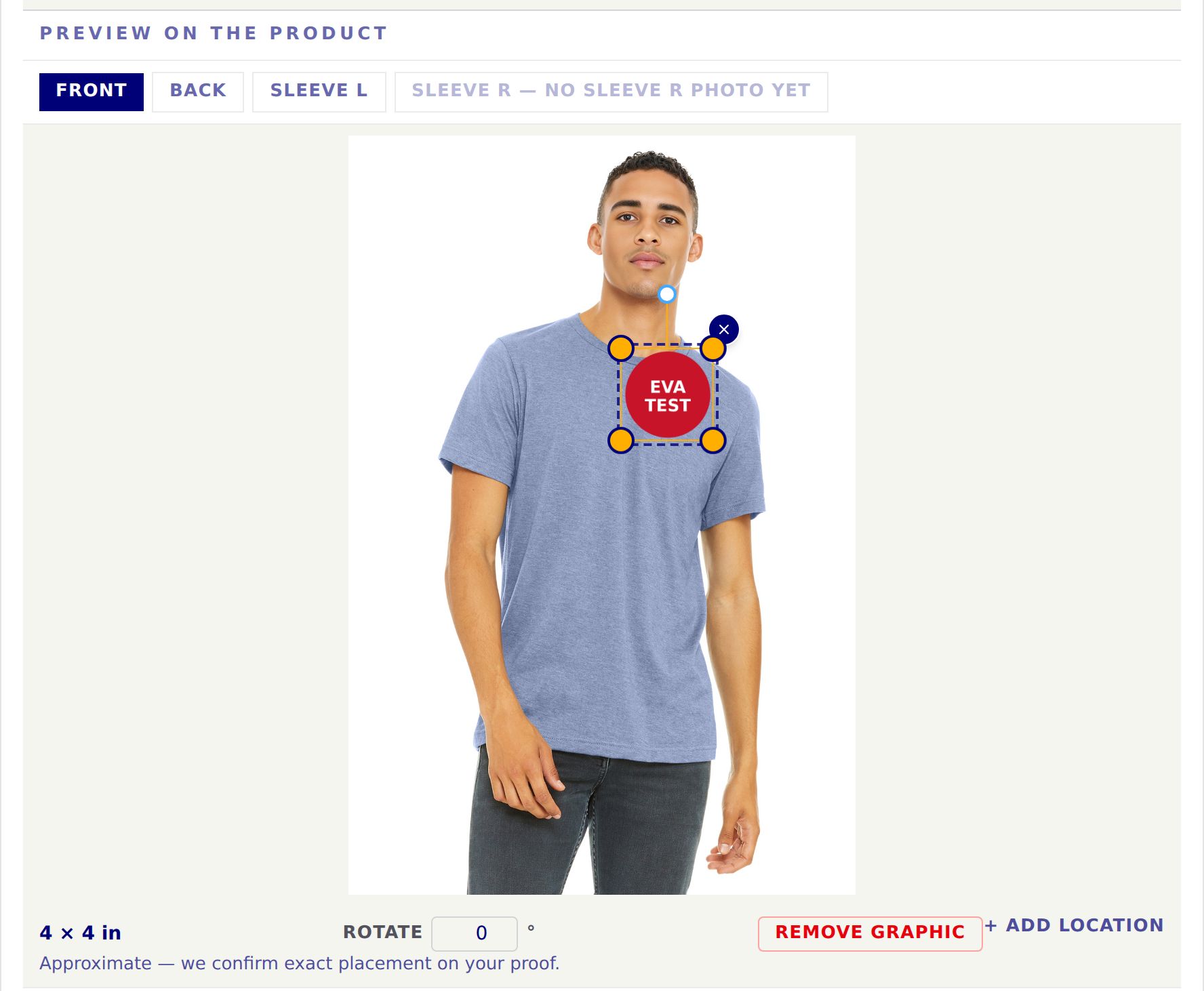 Decoration tab: a logo placed on the front of a shirt with resize handles, Rotate, Remove graphic and Add location