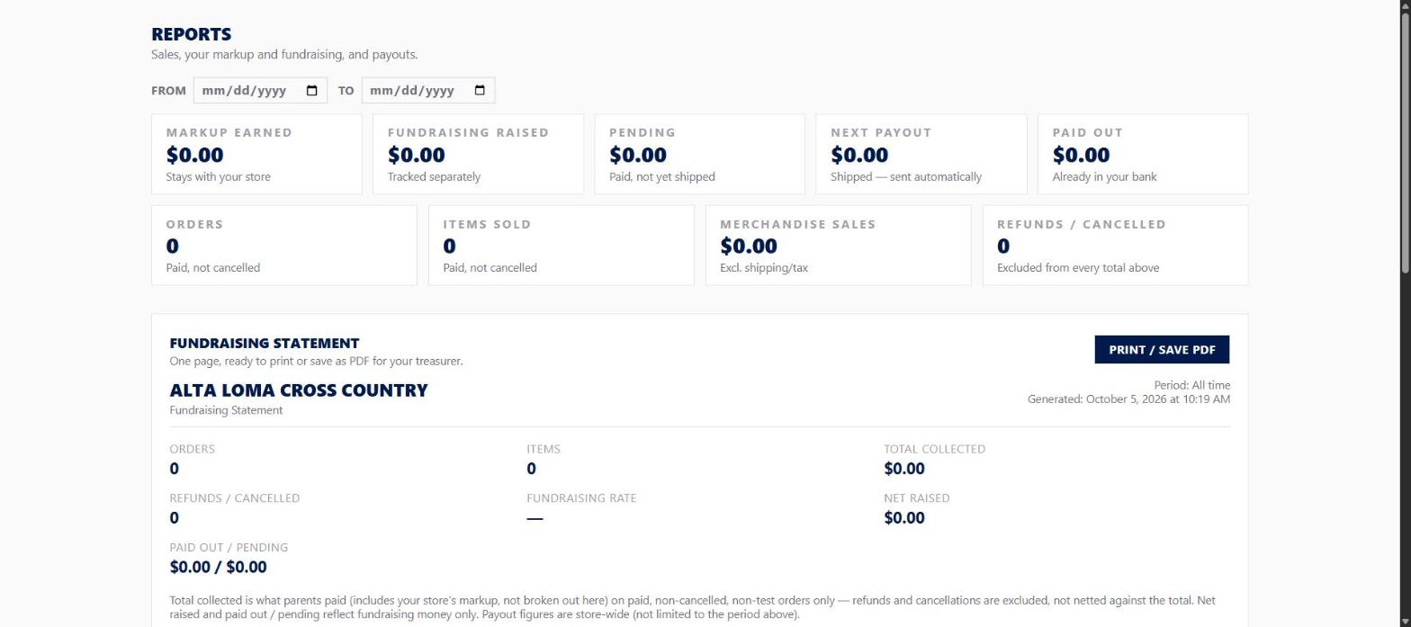Reports page: From and To dates, the summary boxes (Markup earned, Fundraising raised, Pending, Next payout, Paid out, Orders, Items sold, Merchandise sales, Refunds) and the Fundraising Statement below