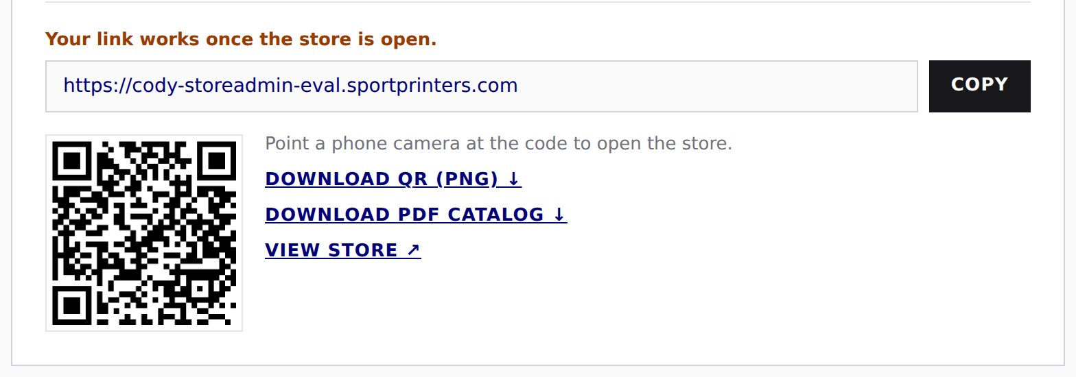 Share block: store link with Copy, QR code, Download QR, Download PDF catalog and View store links