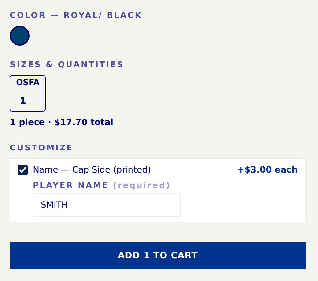 Sizes & quantities with 1 entered, and the Customize name option checked with the player name filled in