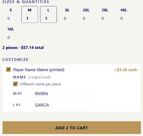 Different name per piece checked: one name box for each piece, labeled by size (M #1, L #1)