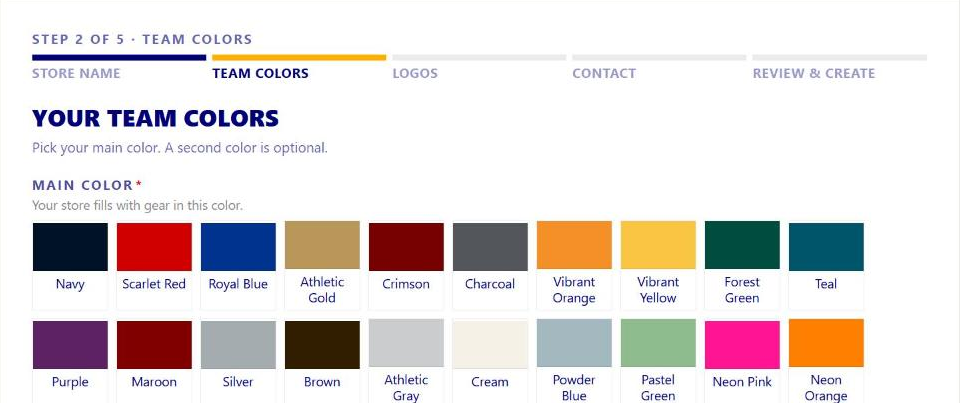 Start your store, step 2 of 5: Team colors, pick a Main color