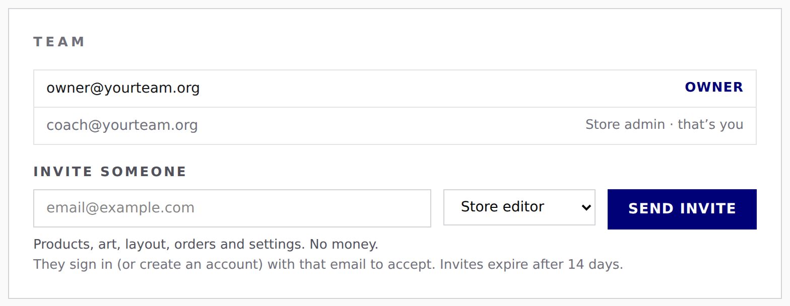 Settings › Team: team members with their roles, and the Invite someone form with a role menu