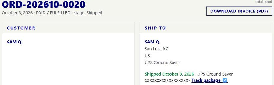 Your order page: order number, status, Download invoice (PDF), and the ship-to box with shipped date, tracking number and Track package